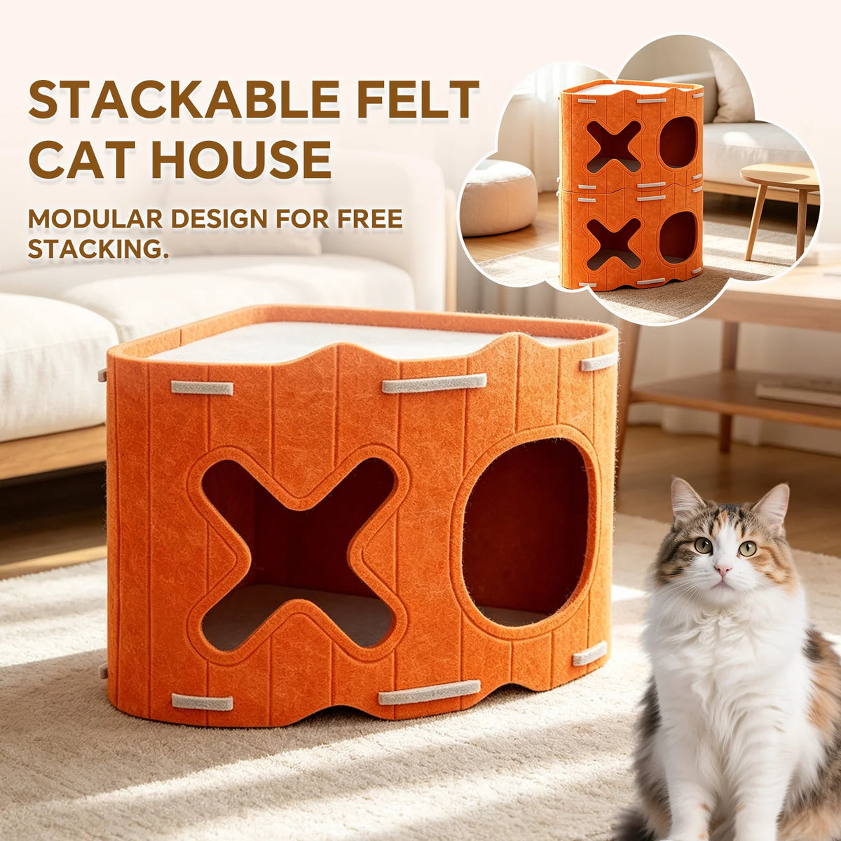 Modular Stackable Felt Cat House Detachable Cat Cave, Free Combination Indoor Pet Hideout Box, Sturdy Felt Cat Shelter for Multi-Cat Family