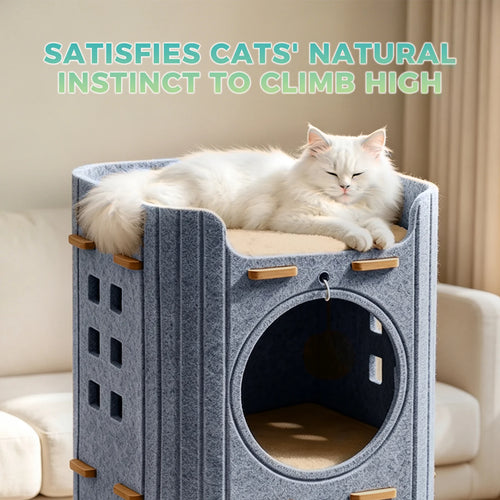 3-Tier Felt Cat Tower House, Multi Level Cat Cave Condo, Indoor Stackable Cat Hideaway Shelter with Hanging Toy Ball