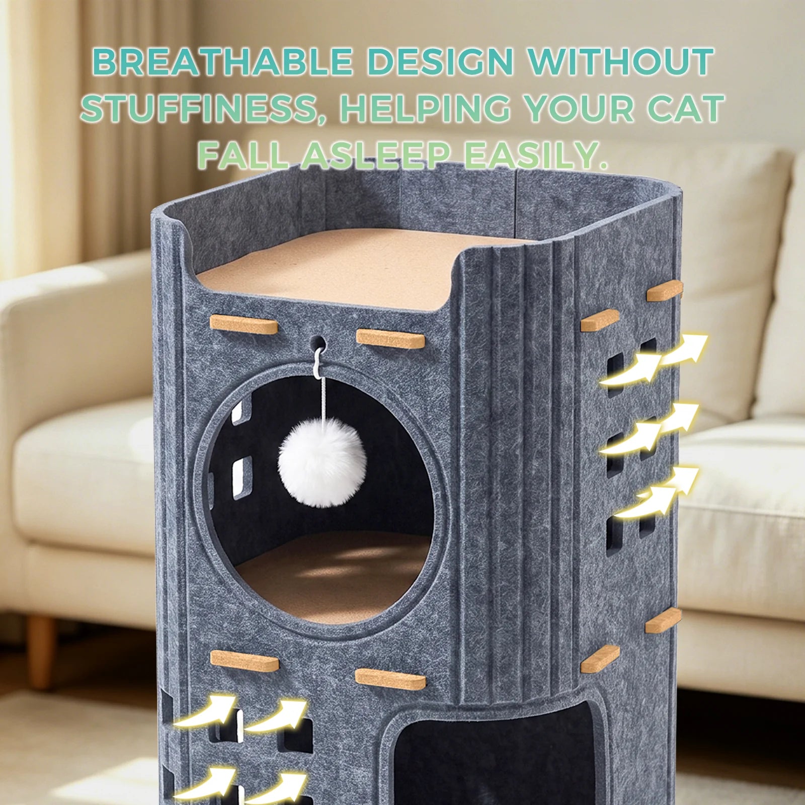 3-Tier Felt Cat Tower House, Multi Level Cat Cave Condo, Indoor Stackable Cat Hideaway Shelter with Hanging Toy Ball