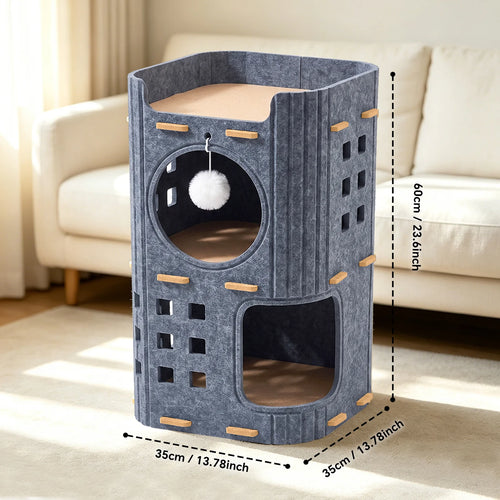 3-Tier Felt Cat Tower House, Multi Level Cat Cave Condo, Indoor Stackable Cat Hideaway Shelter with Hanging Toy Ball